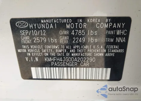 2013 Hyundai Azera из США, поврежденный, VIN KMHFH4JG0DA202290